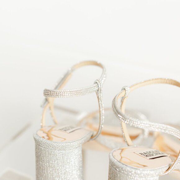 Badgley Mischka Rebekah Platinum Silver Women 8 Block Heel Sandal Fabric - Picture 9 of 14